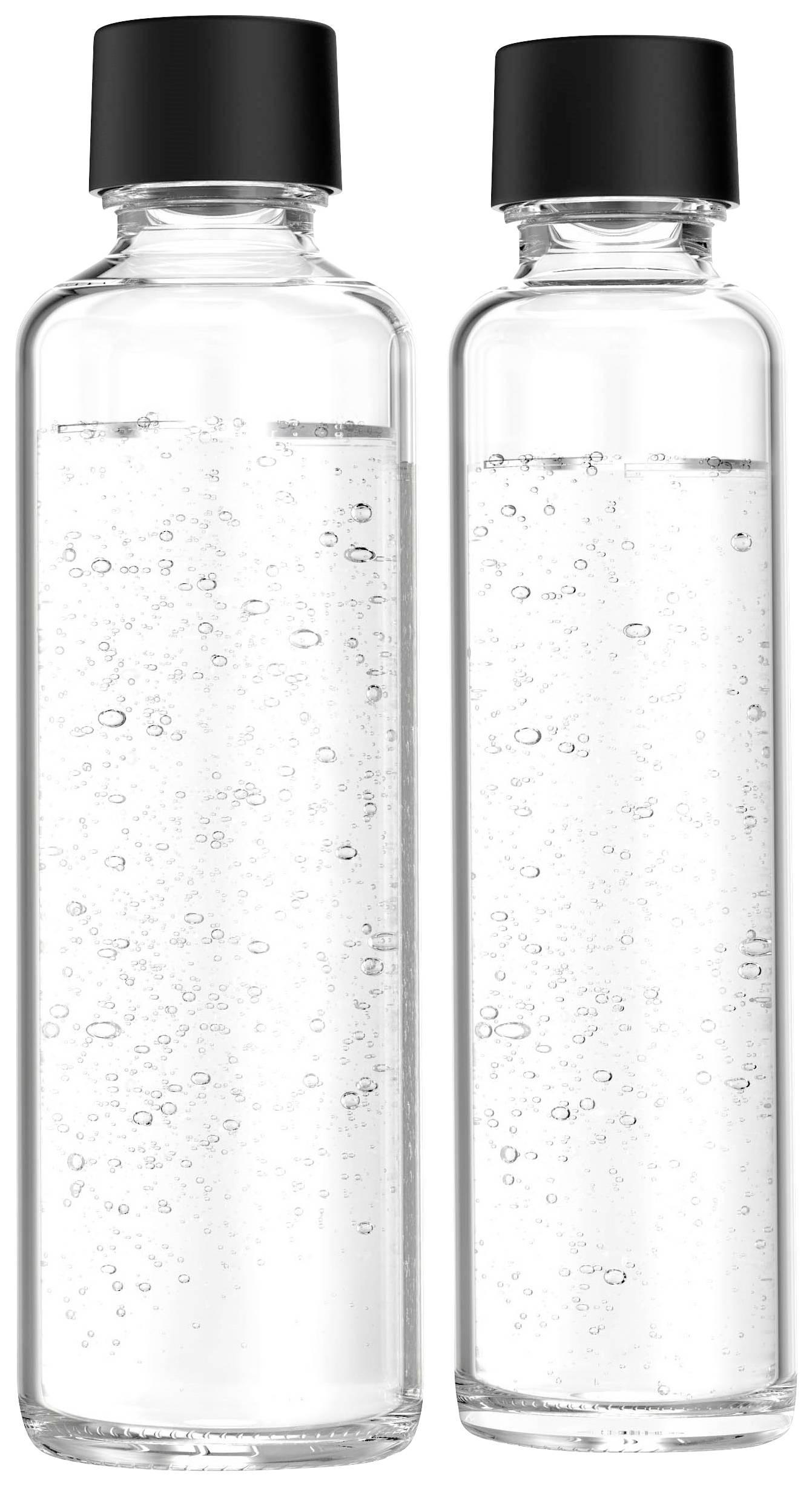 Two clear bottles with black lids, filled with sparkling water.