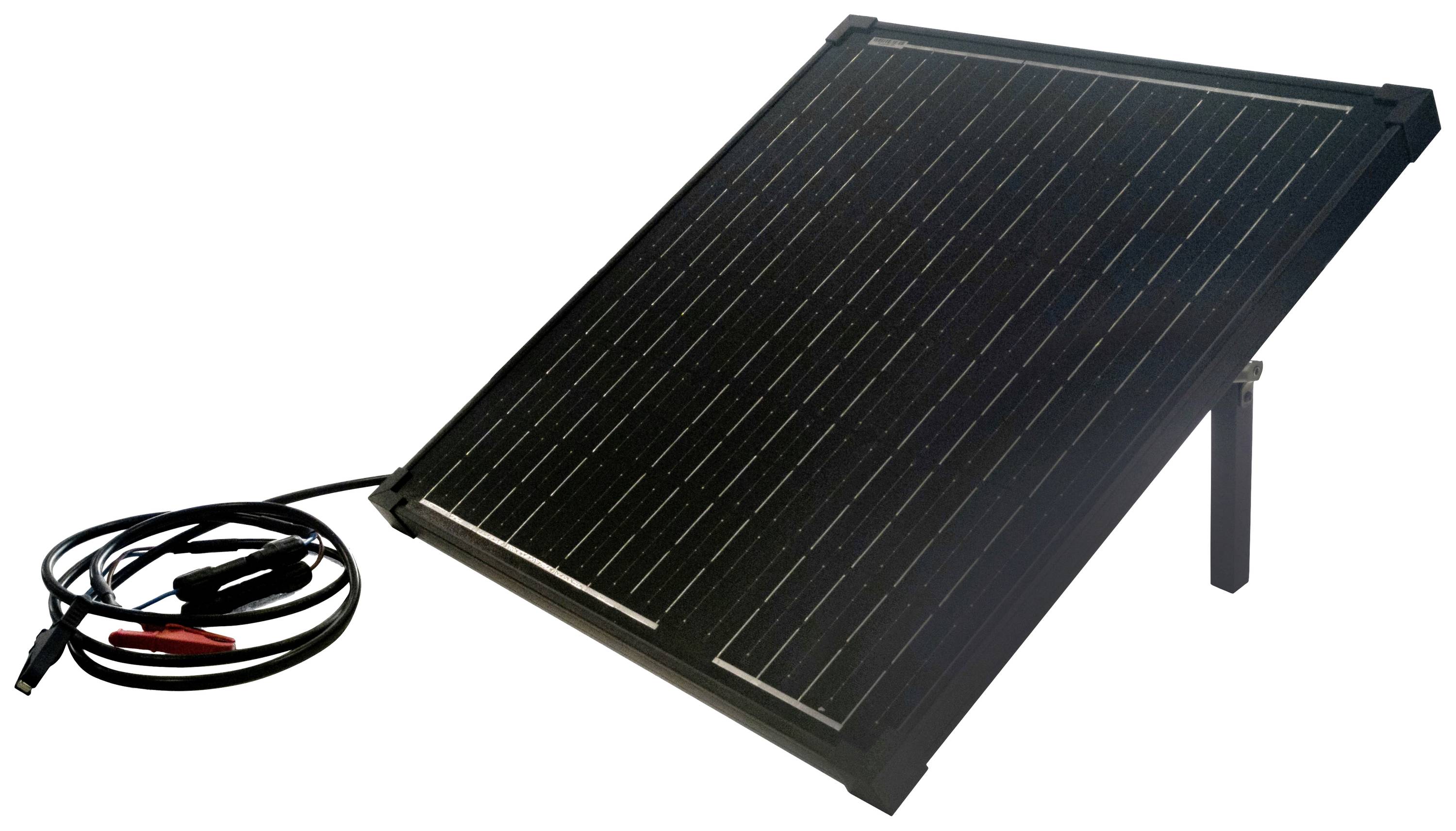 Solar panel with cables and clamps on a stand, for electricity generation from solar energy.