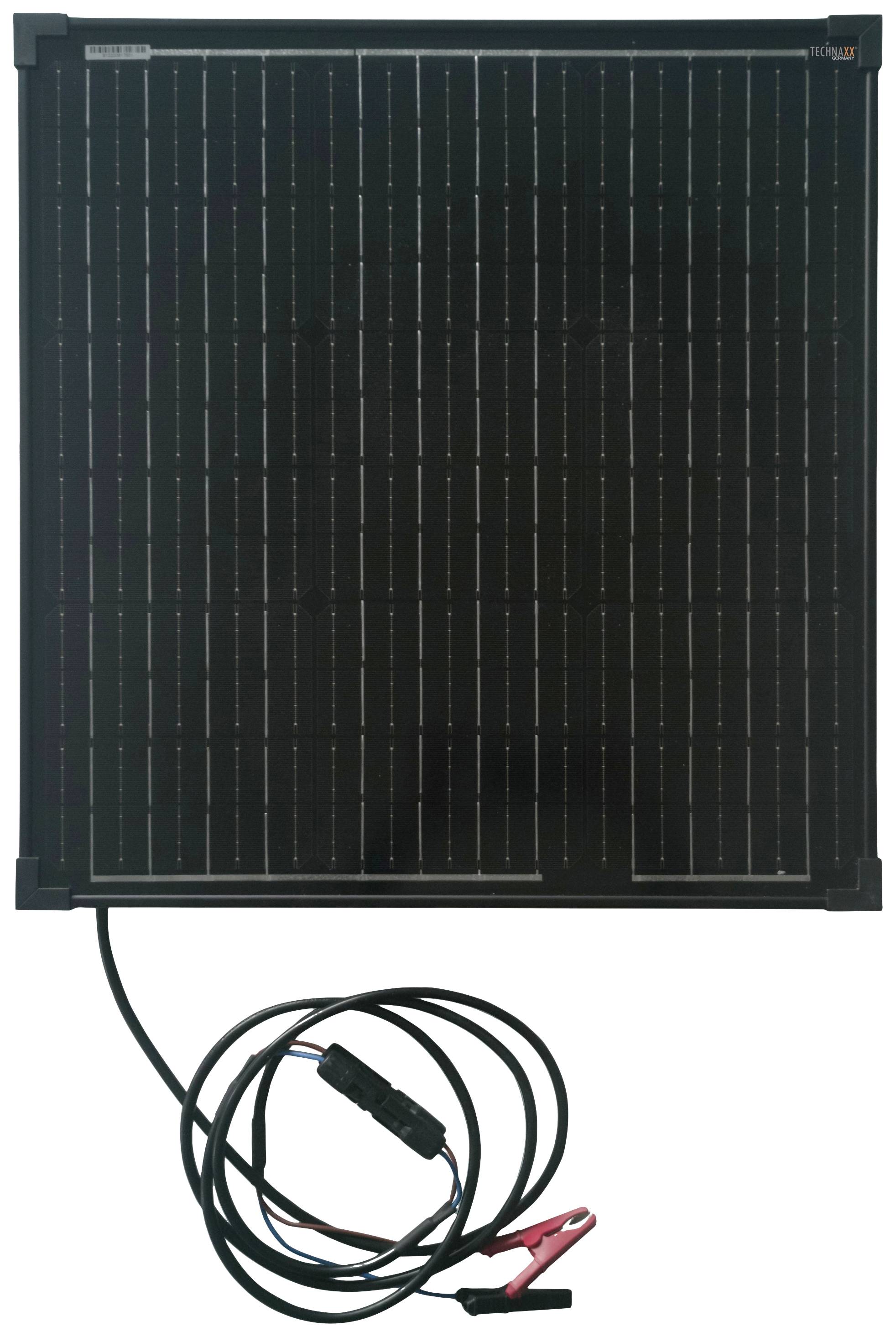 A solar panel with an attached cable and clamp. The panel is rectangular and has a dark grid pattern.