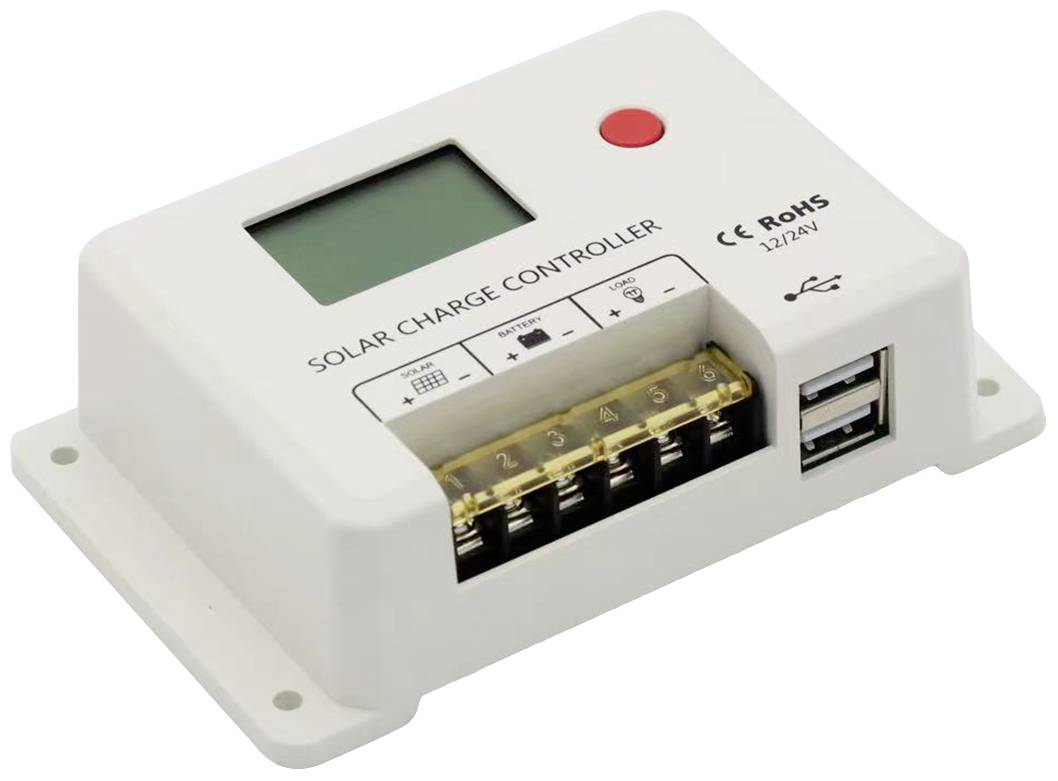 Solar charge controller with display, indicator light, connection terminals and two USB ports, suitable for 12V/24V systems.