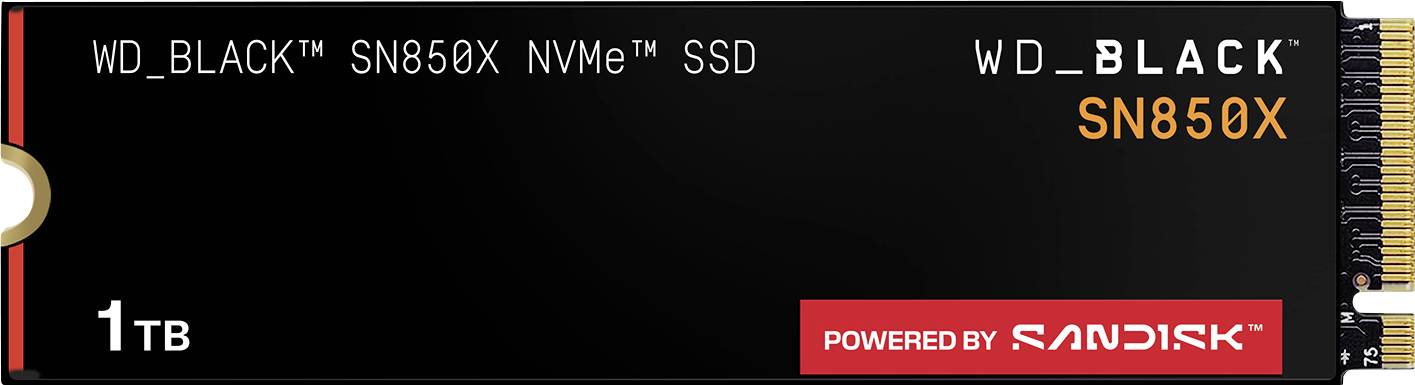 WD_BLACK SN850X NVMe SSD, 1TB. Black design with branding and 'Powered by SanDisk'.