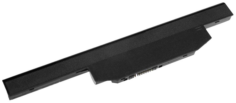 Laptop battery in a rectangular shape, black in colour, showing connectors on the underside.