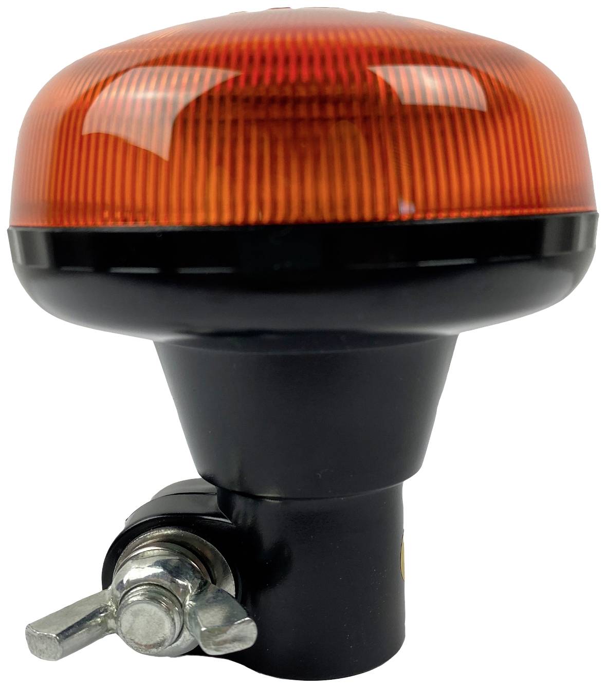 A round, orange warning light with a black base and mounting screw.