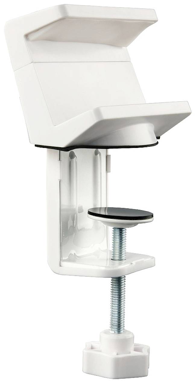 A white plastic wall mount with a screw mechanism, designed for attaching to a table edge. Suitable for various devices.