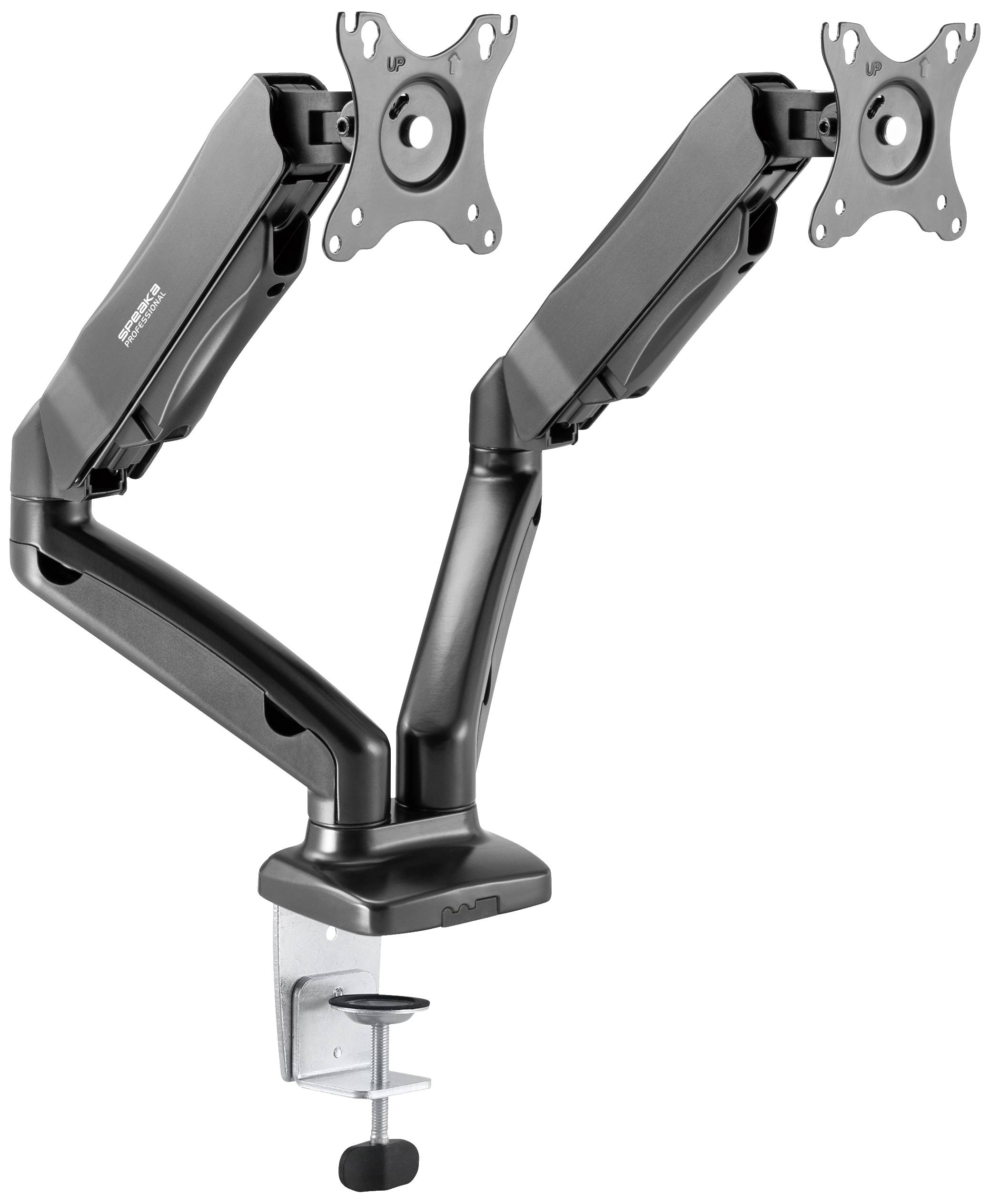Two adjustable monitor arms in black metal, mounted to a desk, allowing flexible monitor positioning.
