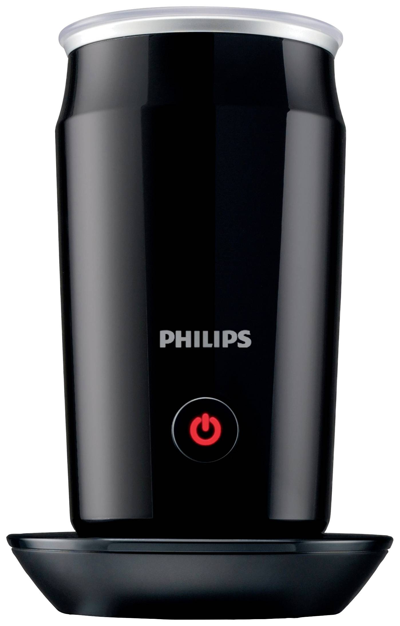 A black Philips milk frother with a red power button sits on a round base.