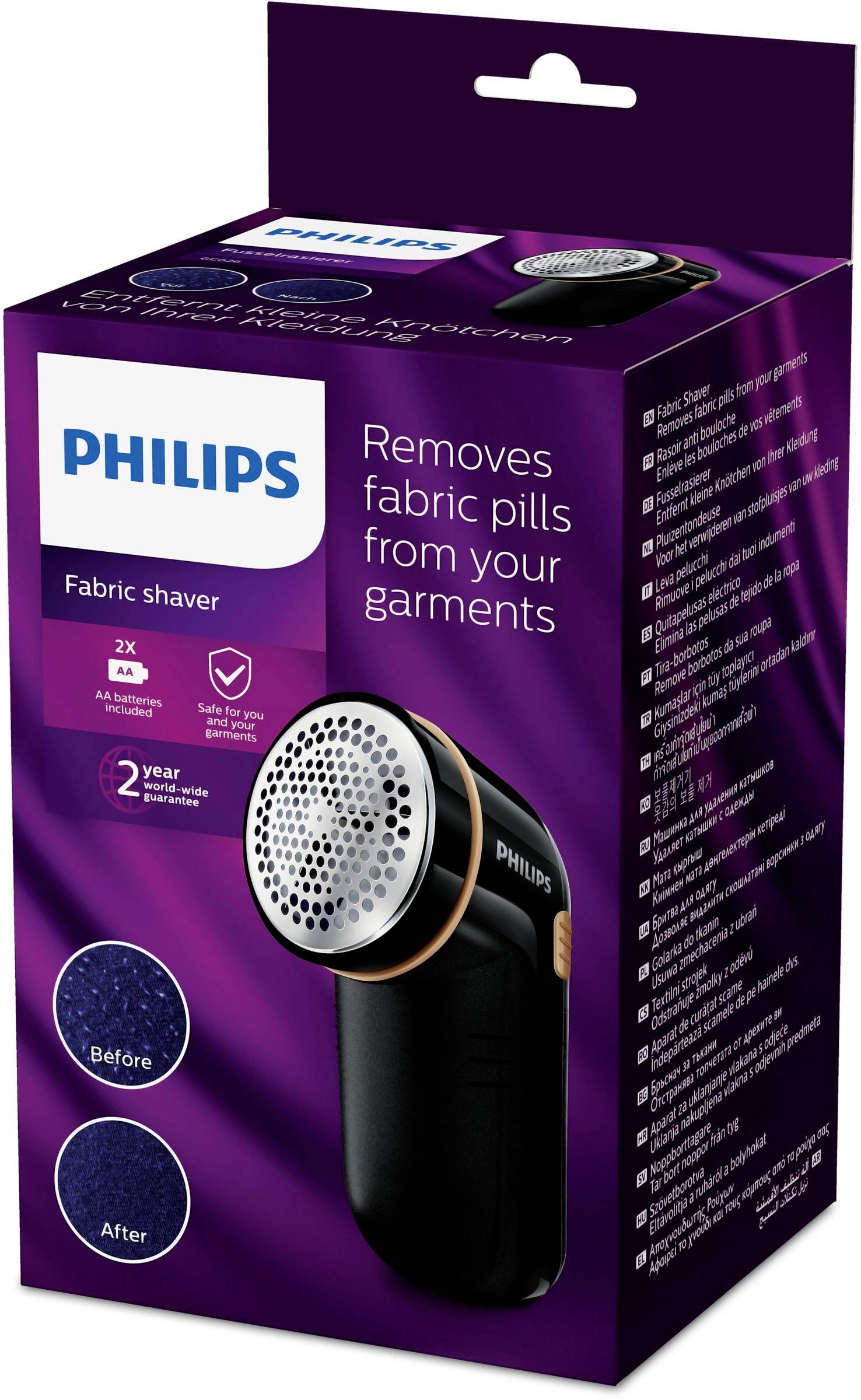 Packaging for a Philips fabric shaver that removes lint from clothing. Contains product features and warranty information.