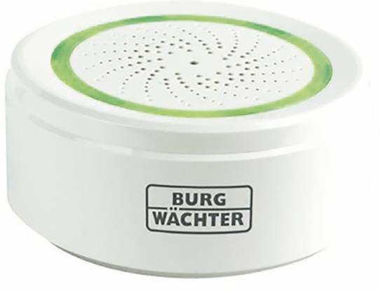 A round, white dehumidifier with a green inner edge and the inscription 'Burg Wächter' on the front.