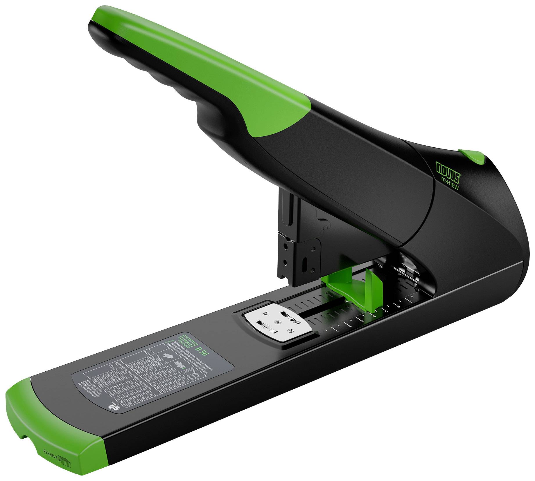 A large, black and green office stapler on a white background. The stapler has a long lever arm construction.