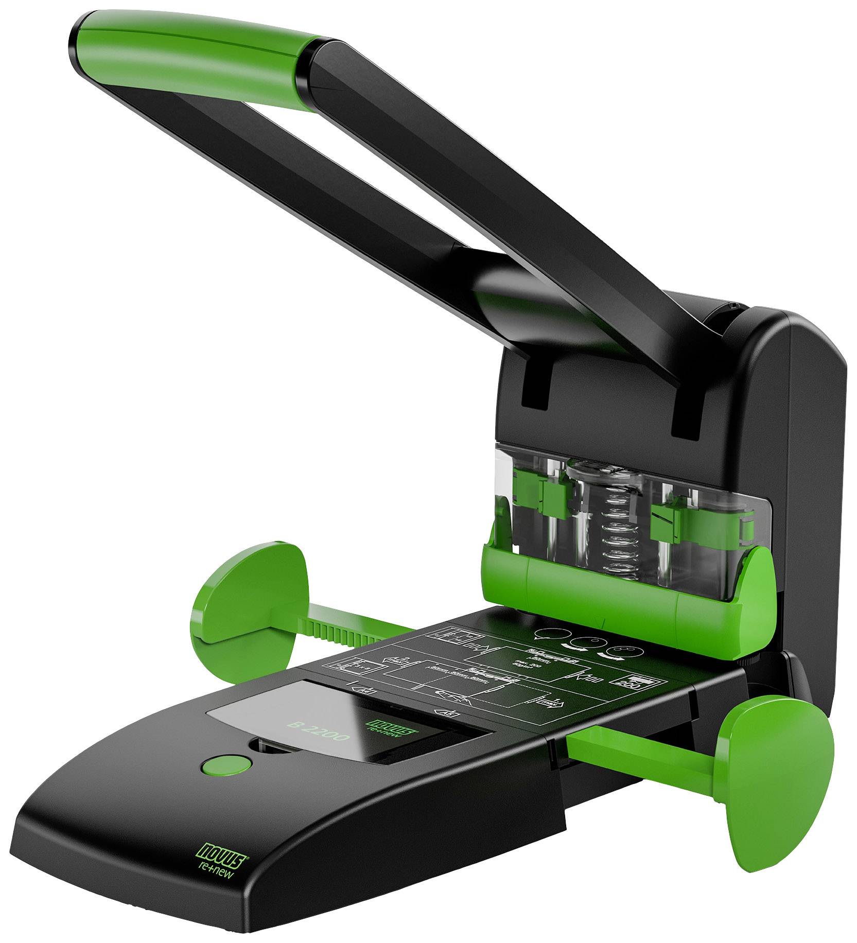 Hole punch with black and green components on a table. Main lever in an upright position, display board with measurements visible.