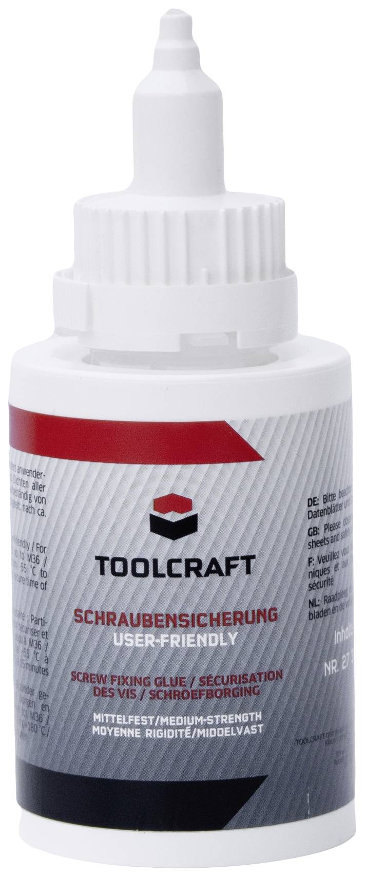 A bottle of thread-locking adhesive from TOOLCRAFT. Labelled 'medium strength'.