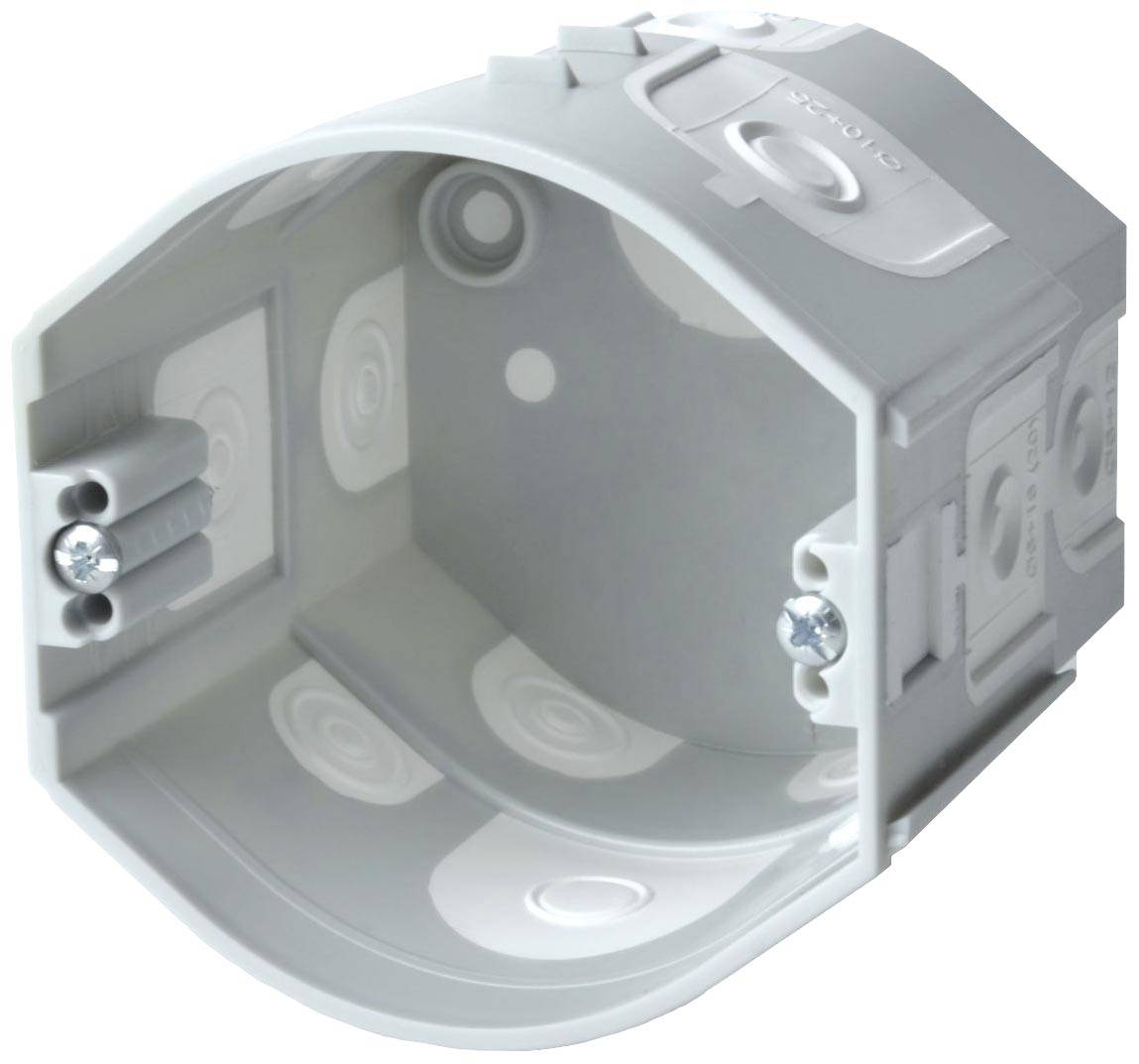 Plastic wall socket for flush-mounted installations with a round shape. Two screw fixings are visible.