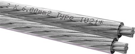Two isolated, silver electrical cables with the inscription '2 x 6.00mm² Type 1022X', running diagonally, on a white background.