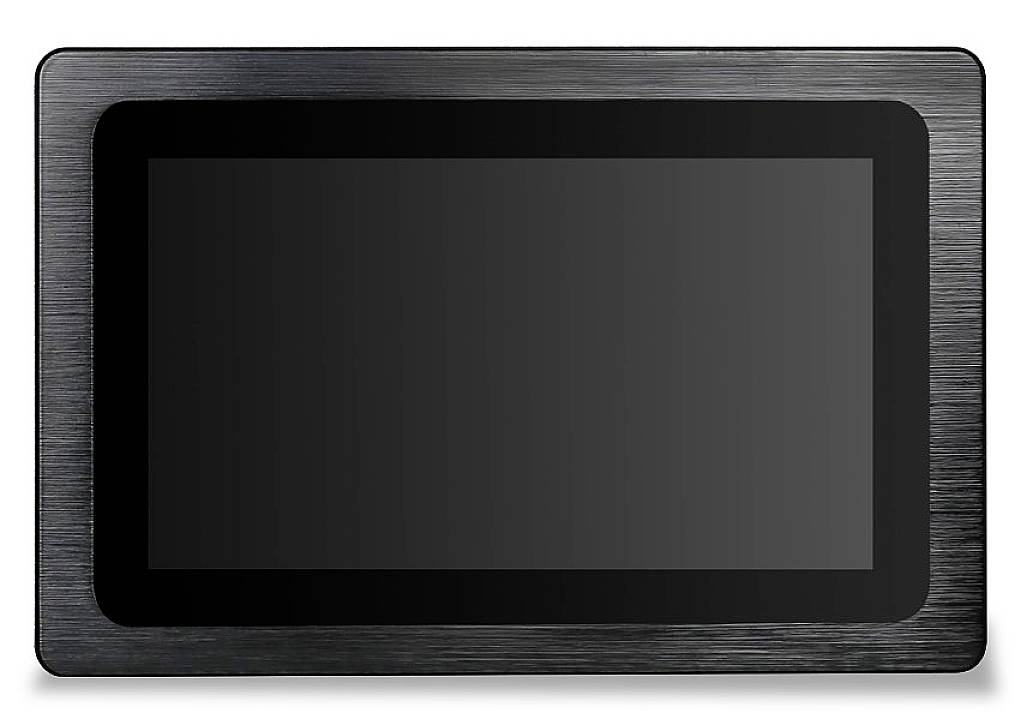 A rectangular black tablet with a glossy frame.