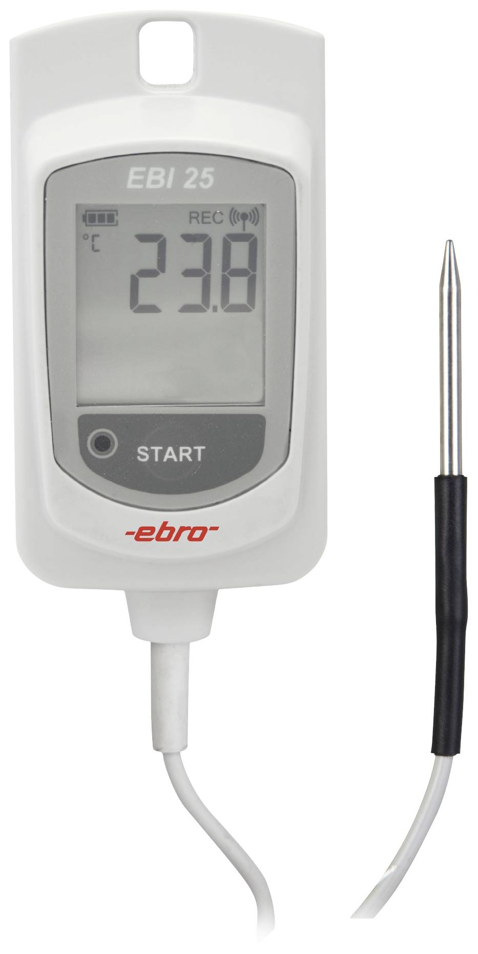 A temperature data logger with a display showing '23.8 °C'. The device has a probe for precise measurements and a start button.