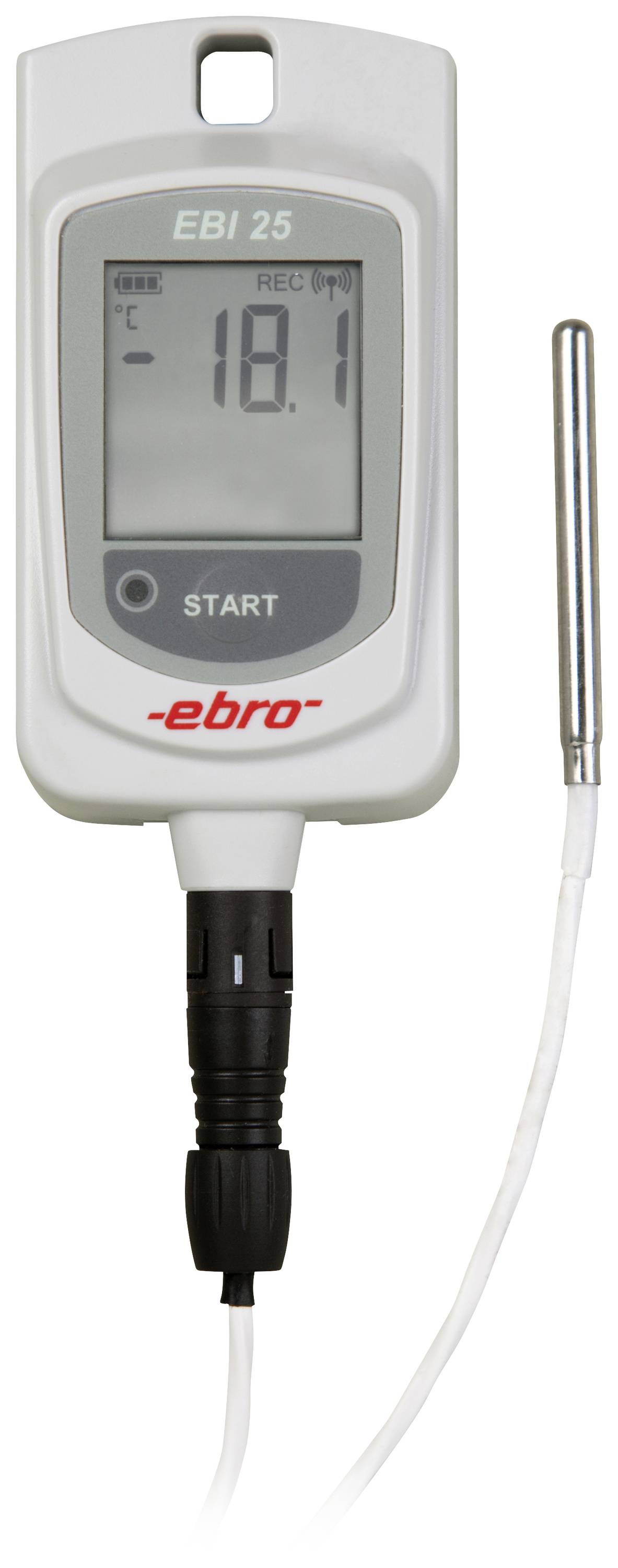 'EBI 25' data logger with display shows temperature as -18.1°C. Silver sensor connected with black cable.