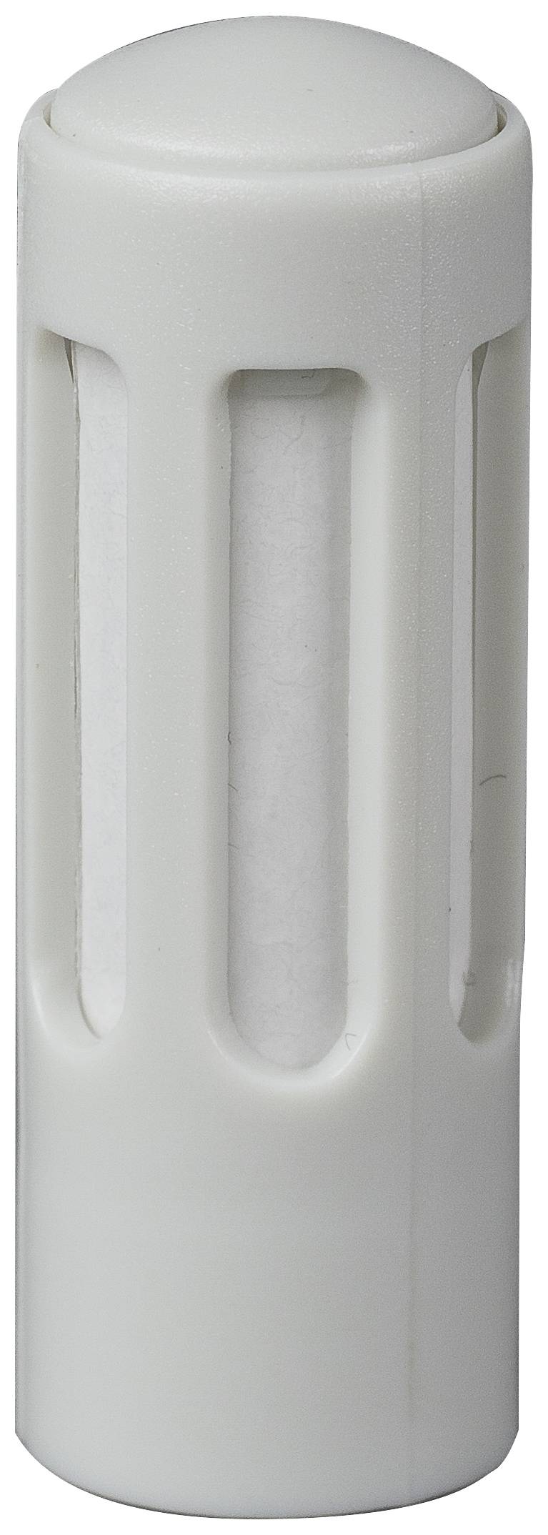 A long, white plastic container with vertical slits, suitable for holding a cylindrical object.