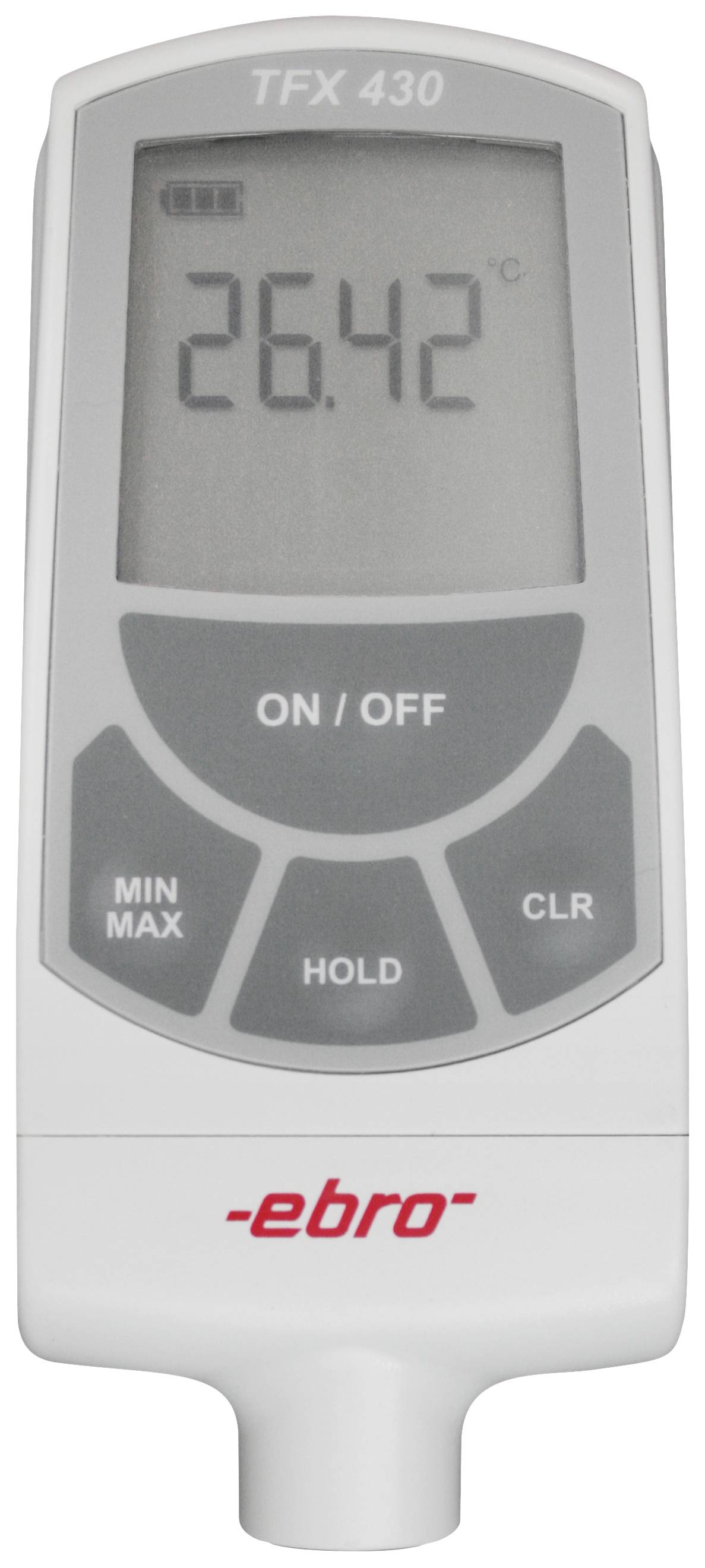 Digital thermometer showing '26.42°C'. Buttons for 'ON/OFF', 'MIN/MAX', 'HOLD' and 'CLR'. Brand: 'ebro'.