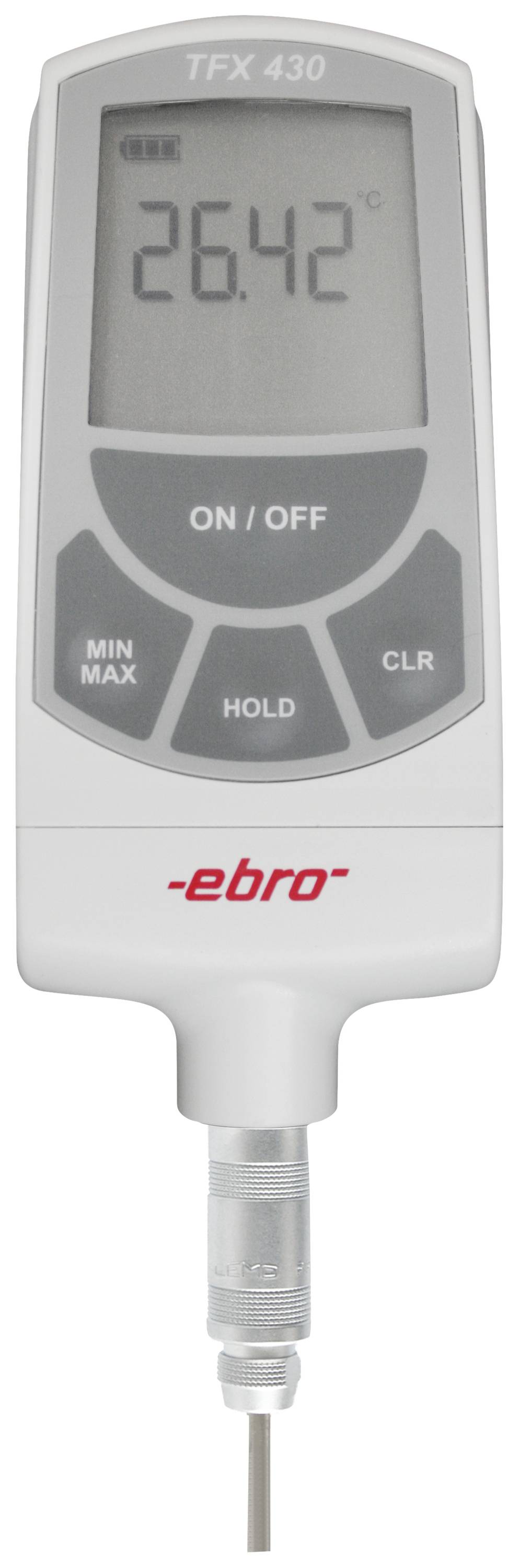 Electronic thermometer displays 26.42°C. Device has buttons for 'On/Off', 'Min Max', 'Hold' and 'CLR'. Brand 'ebro'.