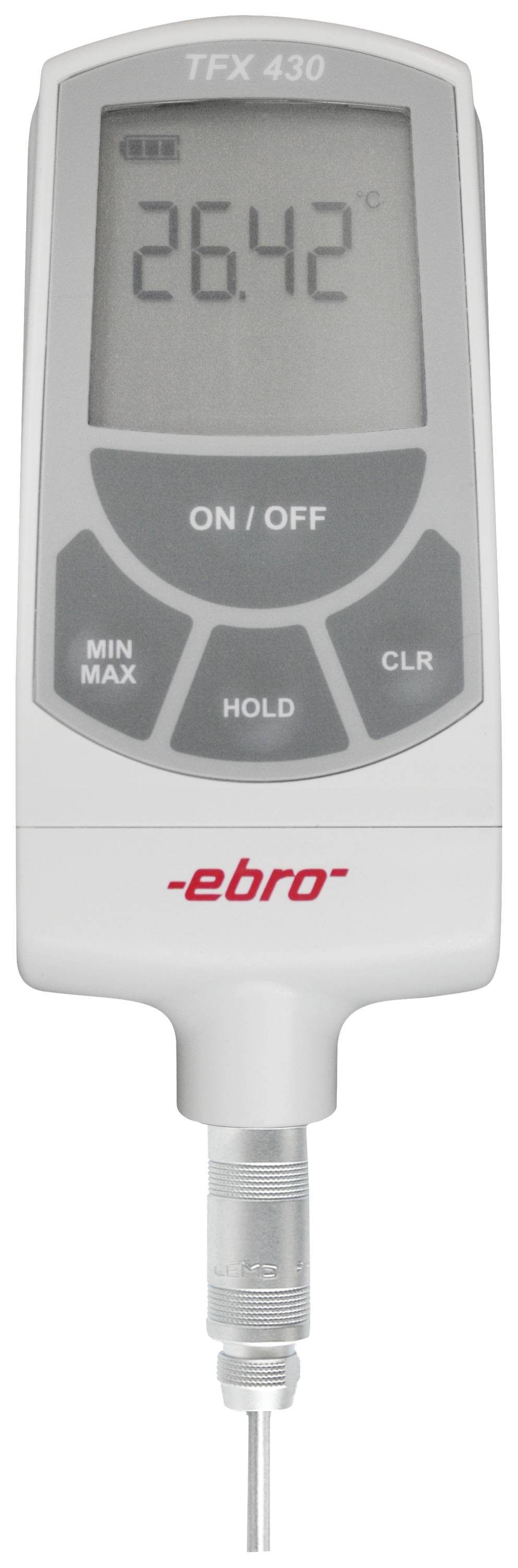 'Digital Thermometer TFX 430 displays 26.42°C. Buttons for On/Off, Min/Max, Hold and Clear. Ebro logo at the bottom.'Note: In British English, decimal points are typically used instead of commas for decimal values, so 26,42°C becomes 26.42°C.