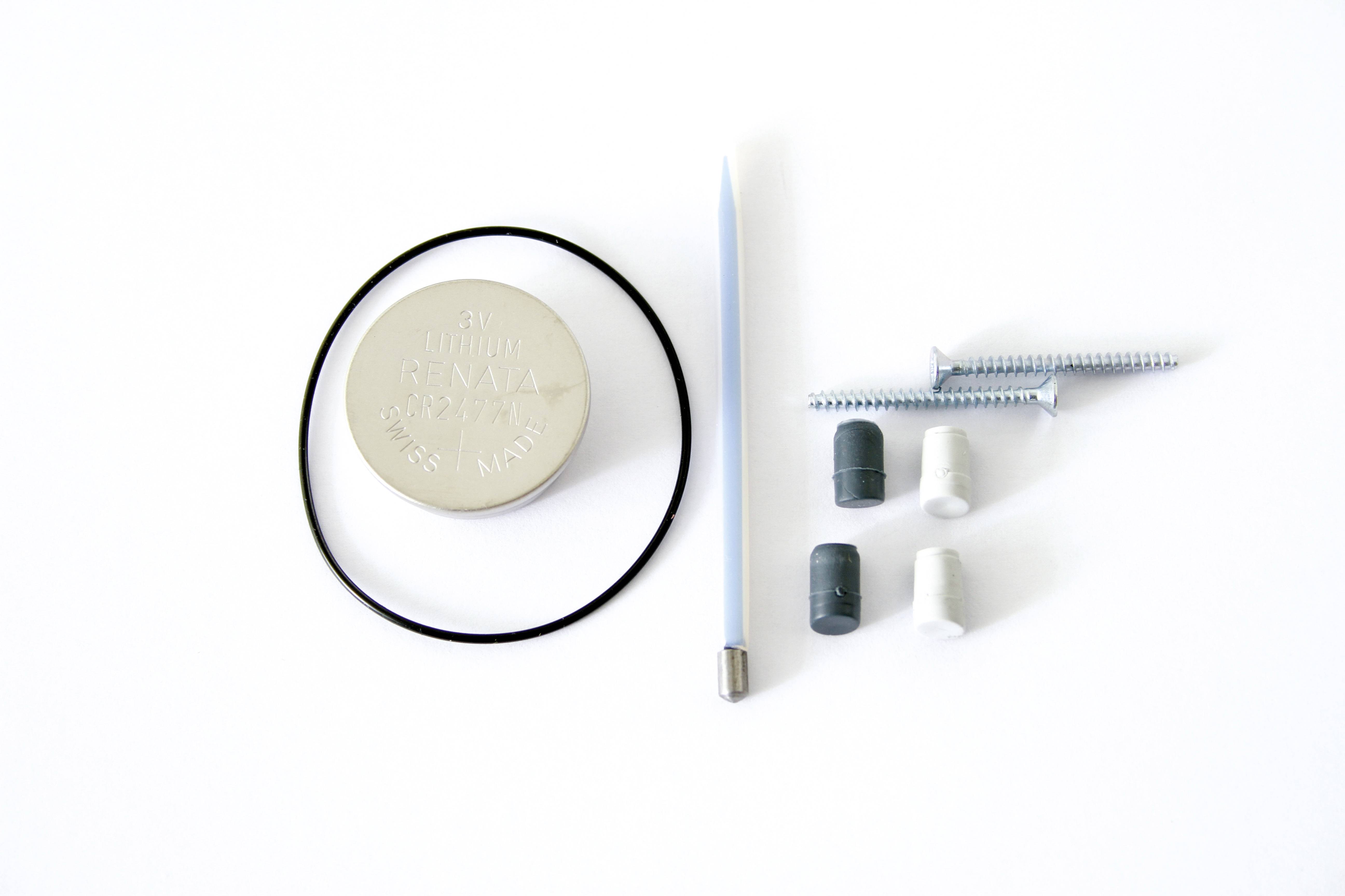 Coin, O-ring, pin, screws and wall plugs on a white background. These parts could be used for repairs or assemblies.