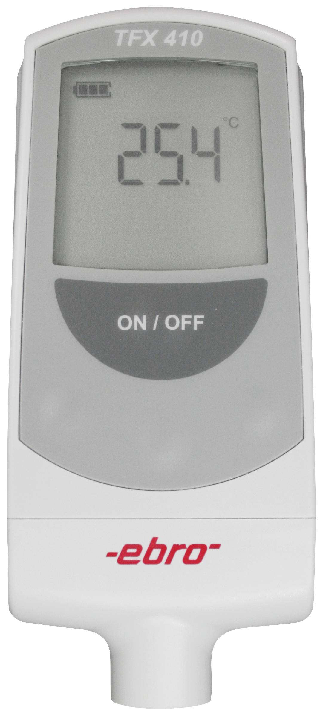 Digital thermometer TFX 410 displays 25.4°C. Battery symbol in the top right corner. Power switch beneath the display. 'ebro' brand at the bottom.
