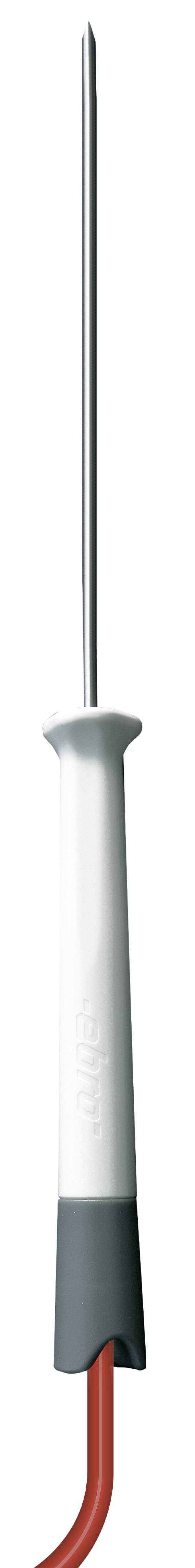 A white temperature probe with a long metal rod and red cable, used for measuring temperatures in liquids or foodstuffs.