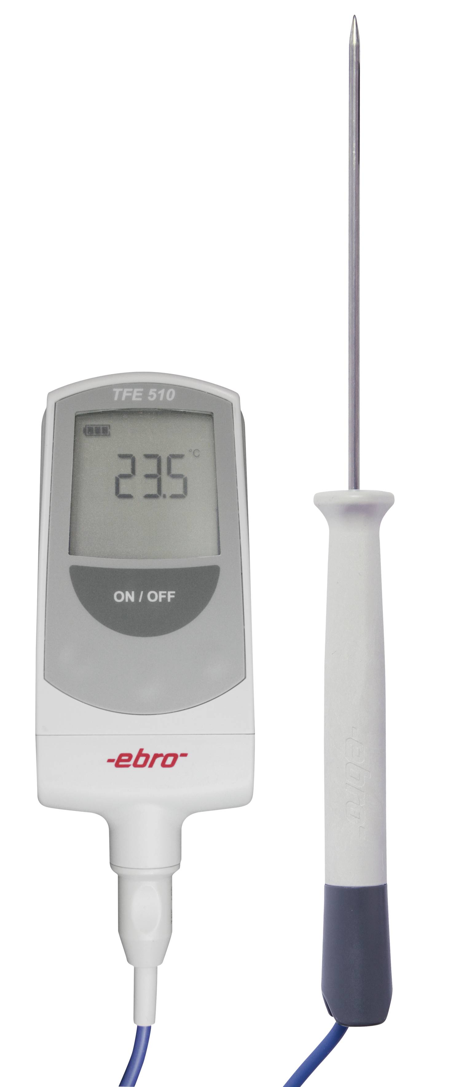 A digital thermometer with a probe shows a temperature of 23.5 degrees Celsius.