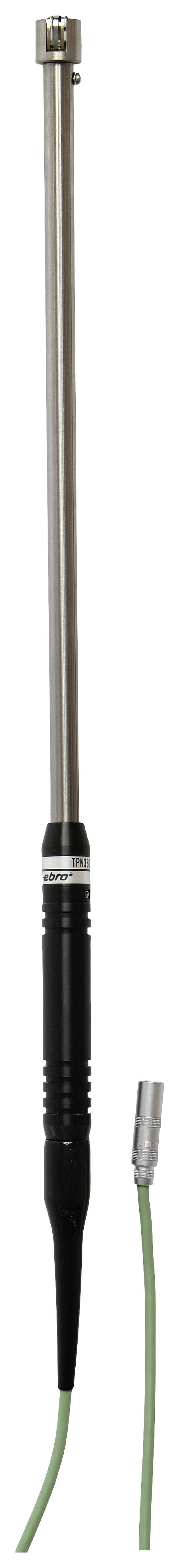 A temperature sensor with a long, thin metal probe and green cable. Suitable for precise temperature measurements in various environments.