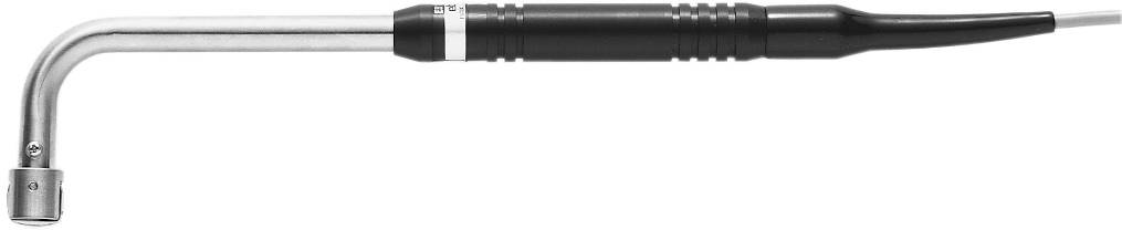 Ultrasonic scaler with a metallic tip and black handle, used for tooth cleaning in dental medicine.
