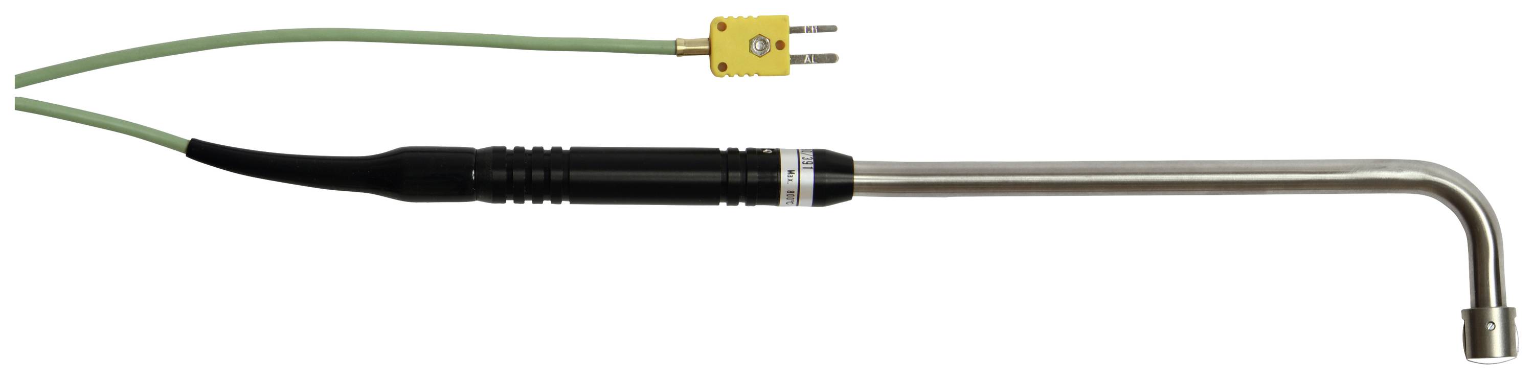 An L-shaped stainless steel temperature sensor with a green cable and yellow plug. Used for measuring temperatures in specific applications.