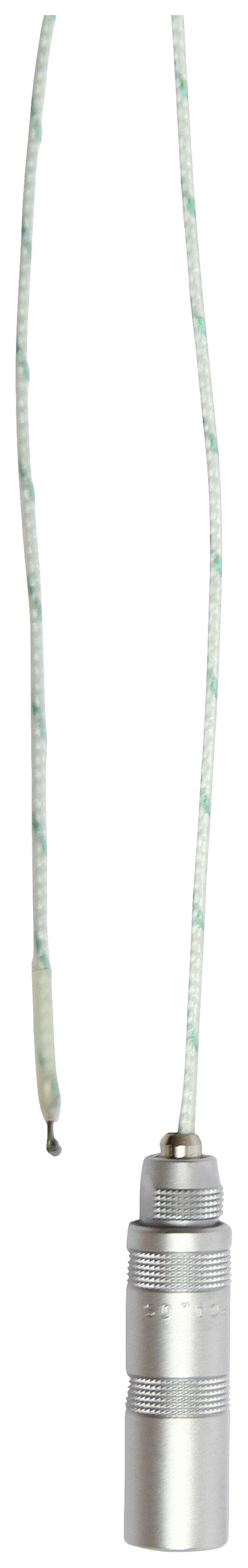 A silver cylindrical metal pendant hangs on a braided, green and white patterned cord.