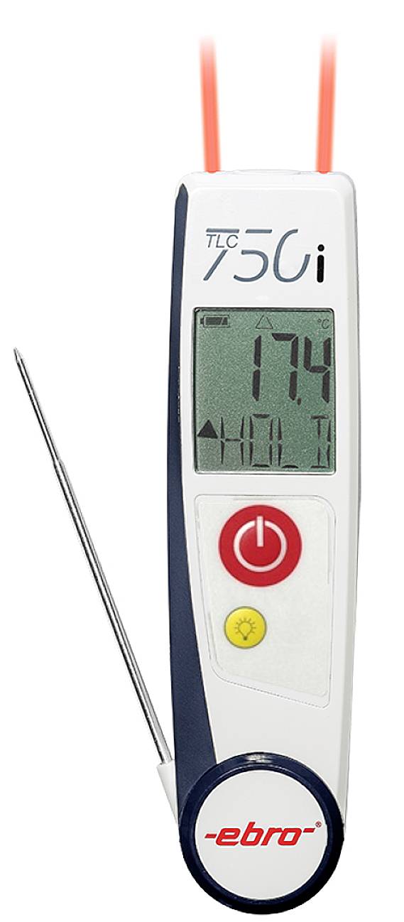 Digital thermometer with needle probe, displaying 17.4 degrees Celsius on the screen. Brand name 'ebro'. Main button highlighted in red.