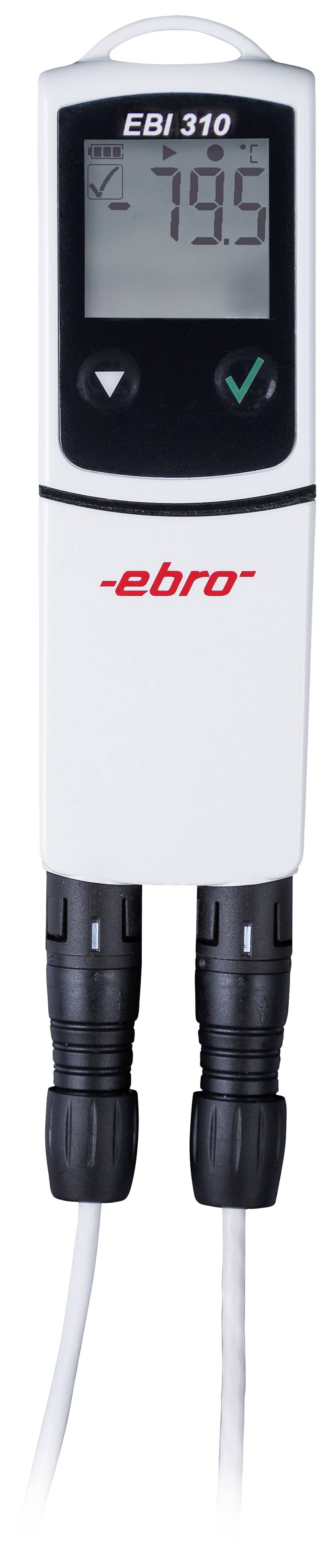 A digital thermometer displays a temperature of 78.9 degrees on its display. The device has two sensors, brand 'ebro'.