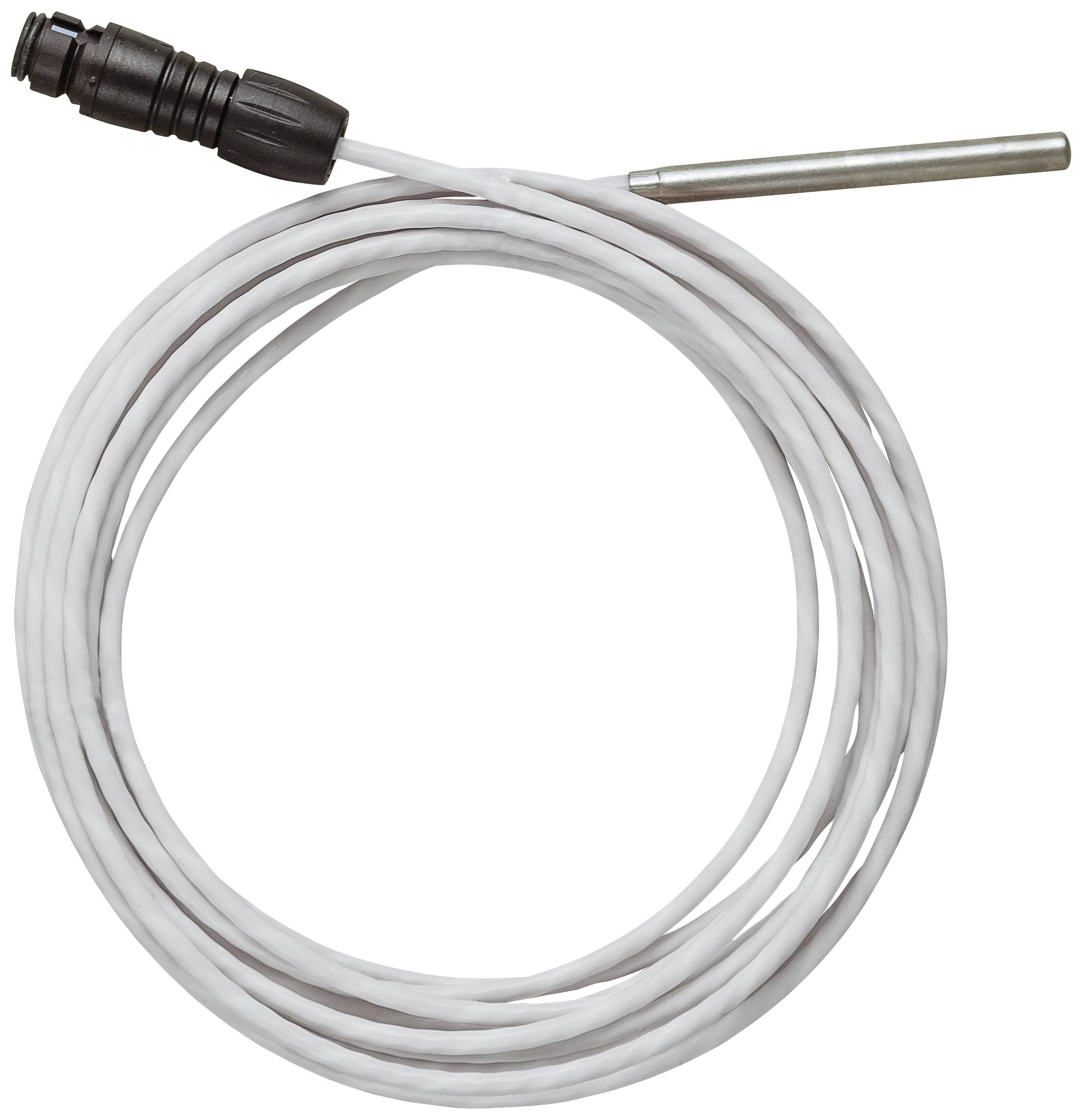 A white cable with a temperature sensor and black plug, coiled, shows a technical component.