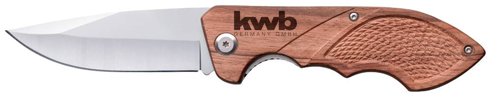 Folding knife with a wooden handle and the 'kwb' logo embossed on the side of the blade.