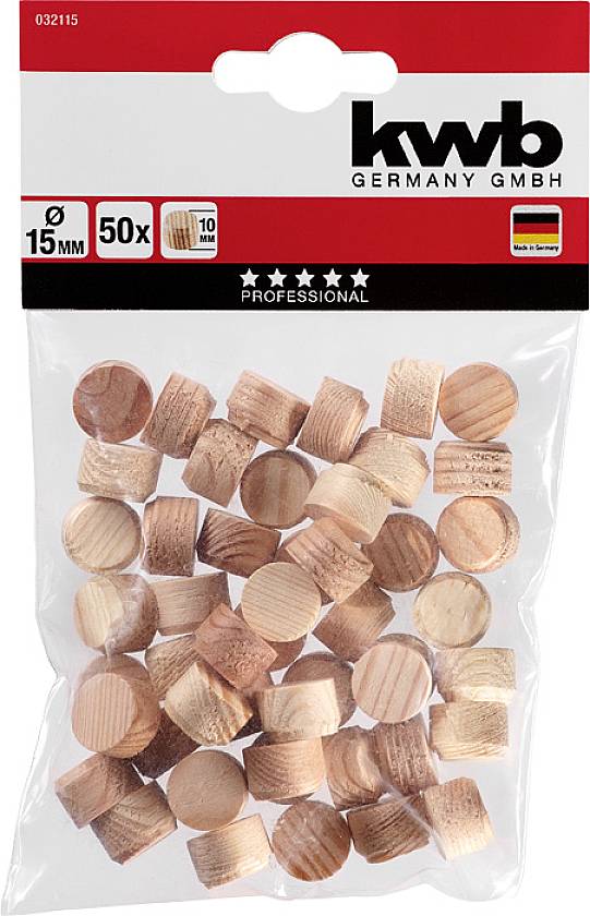 Packaging containing fifty round, wood-coloured wall plugs, 15 mm in diameter, by 'kwb Germany GmbH'.