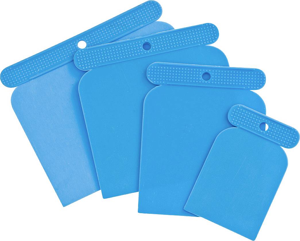 Four blue plastic scrapers of different sizes. They have a practical tab with a hole on top for storage.