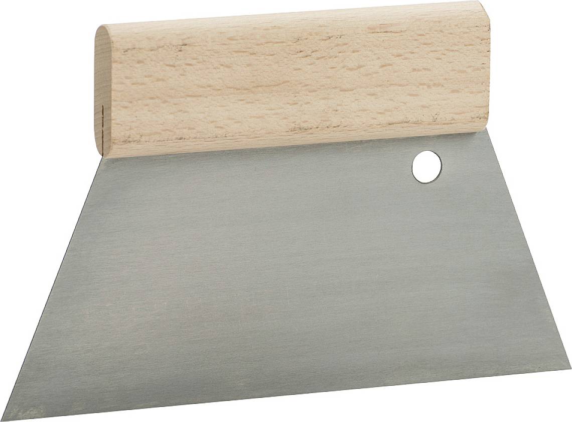 A dough scraper with a wooden handle and a metal blade, suitable for dividing and scraping dough on work surfaces.