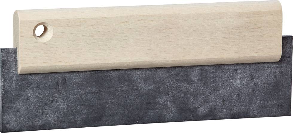 A metal dough scraper with a wooden handle, used for processing and dividing dough in a bakery or kitchen.