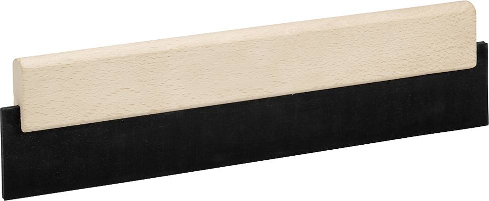 A wooden board with a black rubber strip underneath, possibly a tool for surface treatment or cement work.