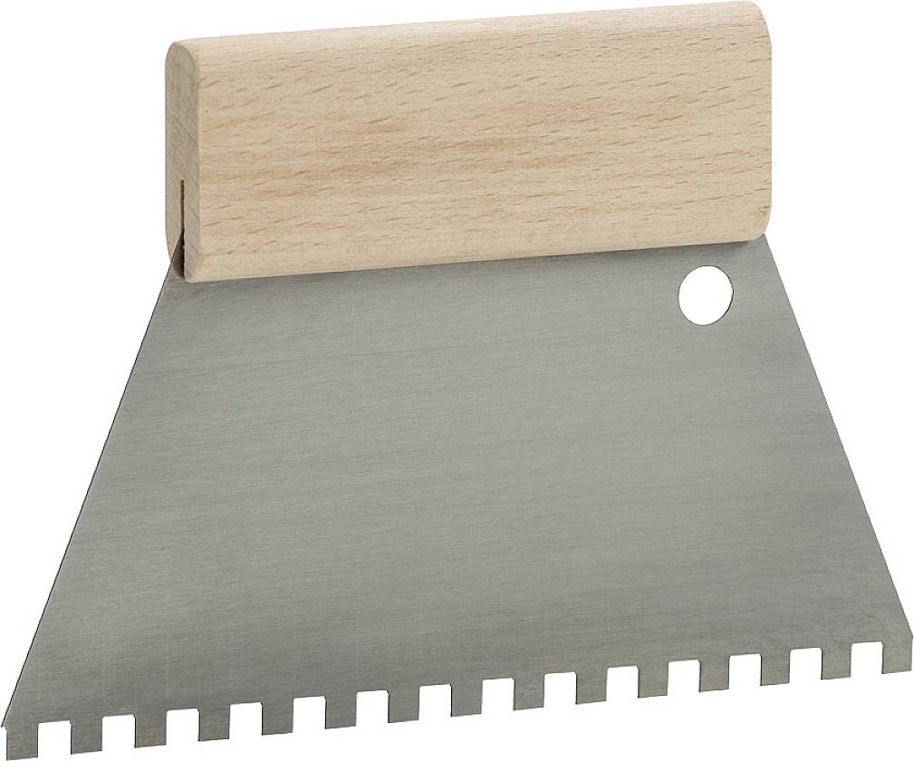 A plasterer's trowel with a wooden handle and a serrated metal blade, used for applying materials such as tile adhesive.