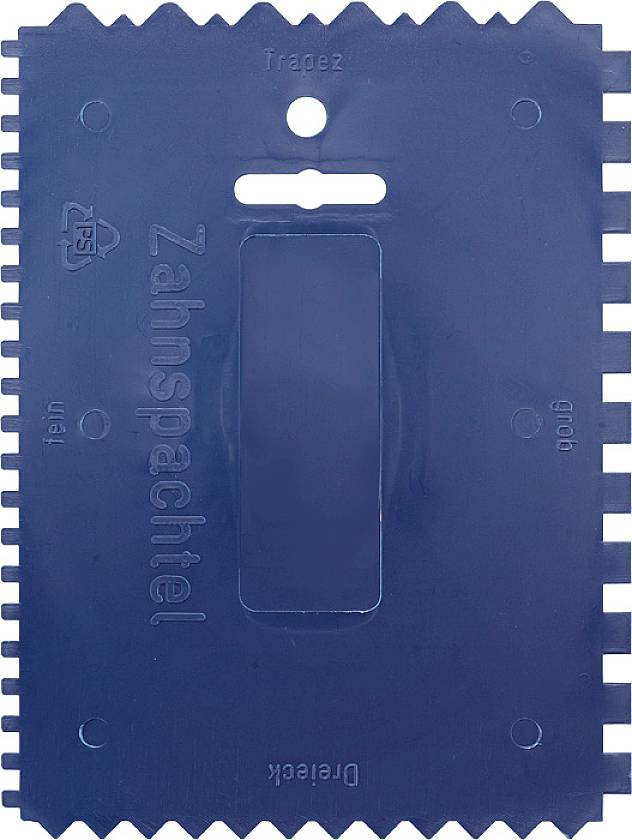 A blue spatula with a rectangular opening in the middle and serrated edges, used for applying adhesive.