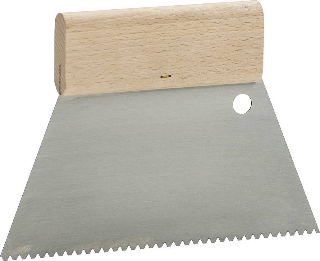 Dough scraper with wooden handle and serrated metal edge for working with pastry. Perfect for baking and kitchen use.