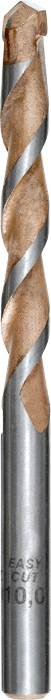 A metallic spiral drill bit with a copper-coloured casing and silver cutting edges, vertically aligned.