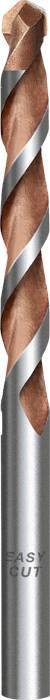 Drill bit with rotating spiral cutting edges, silver tip and reddish-brown coating.