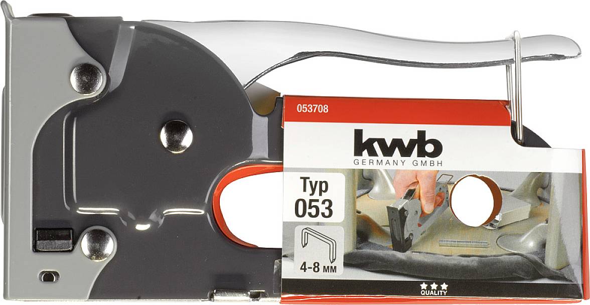 A KWB Type 053 stapler, suitable for staples from 4-8 mm. Packaging shows an image of the device in use.