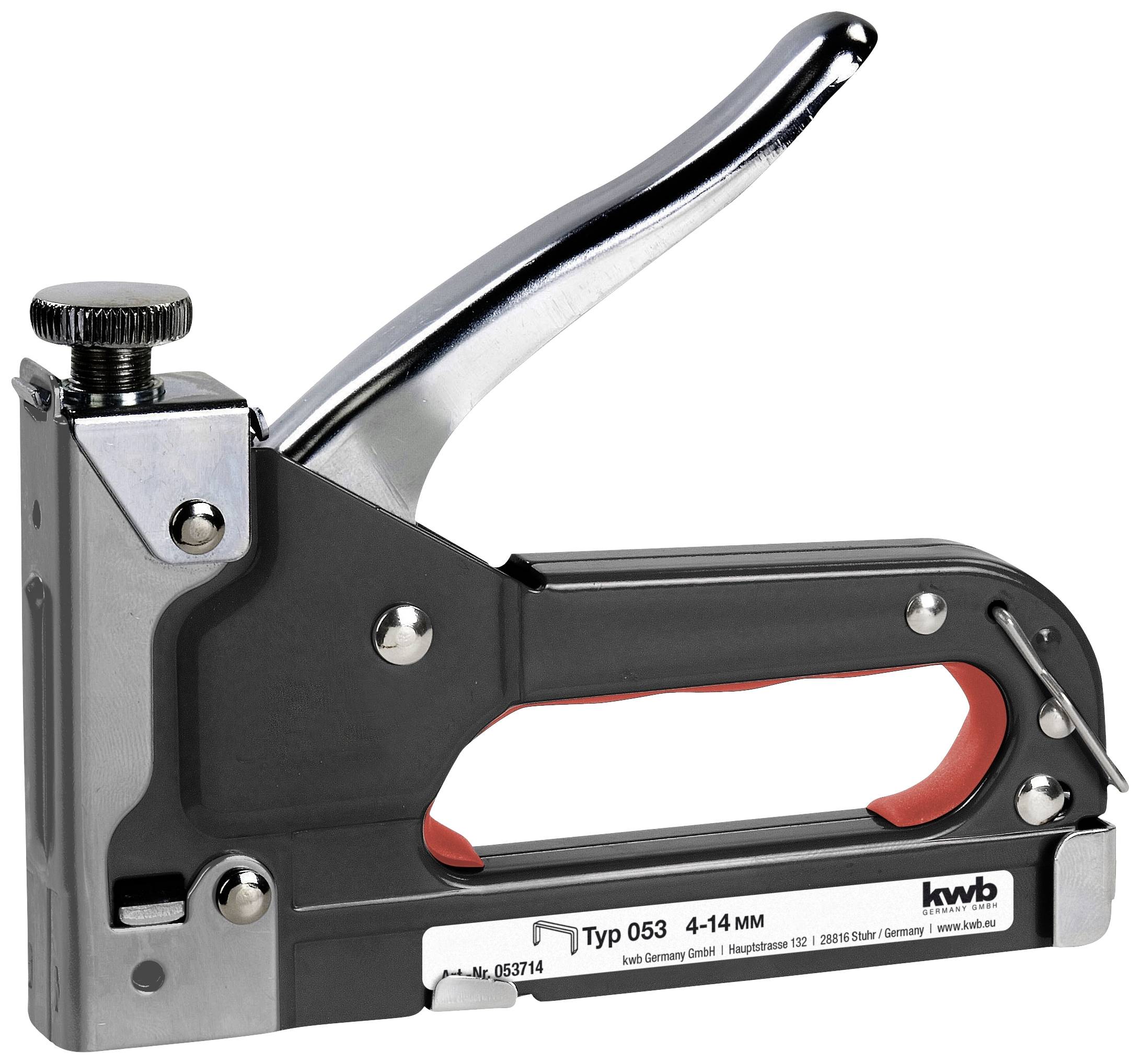 A metal staple gun with a red handle, model number 'Type 053', suitable for staples ranging from 4-14 mm.