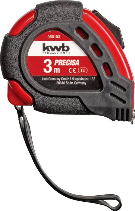 Black and red measuring tape printed with: kwb Germany GmbH, 3 m, Precisa, Stuhr, Germany. Compact design with grip band.