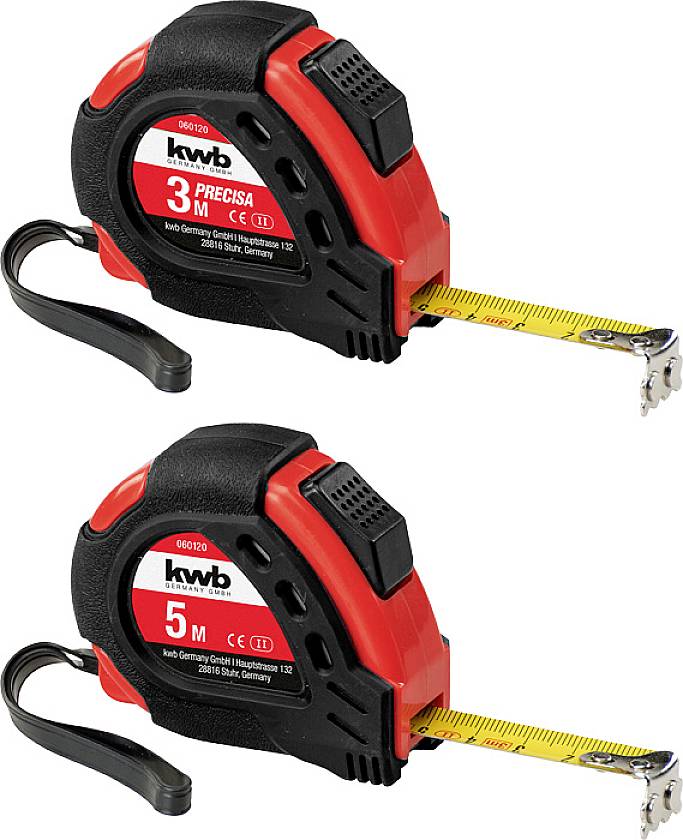 Two red and black tape measures with yellow markings. The top tape measure shows 3 metres, the bottom one 5 metres. Both have carrying handles.